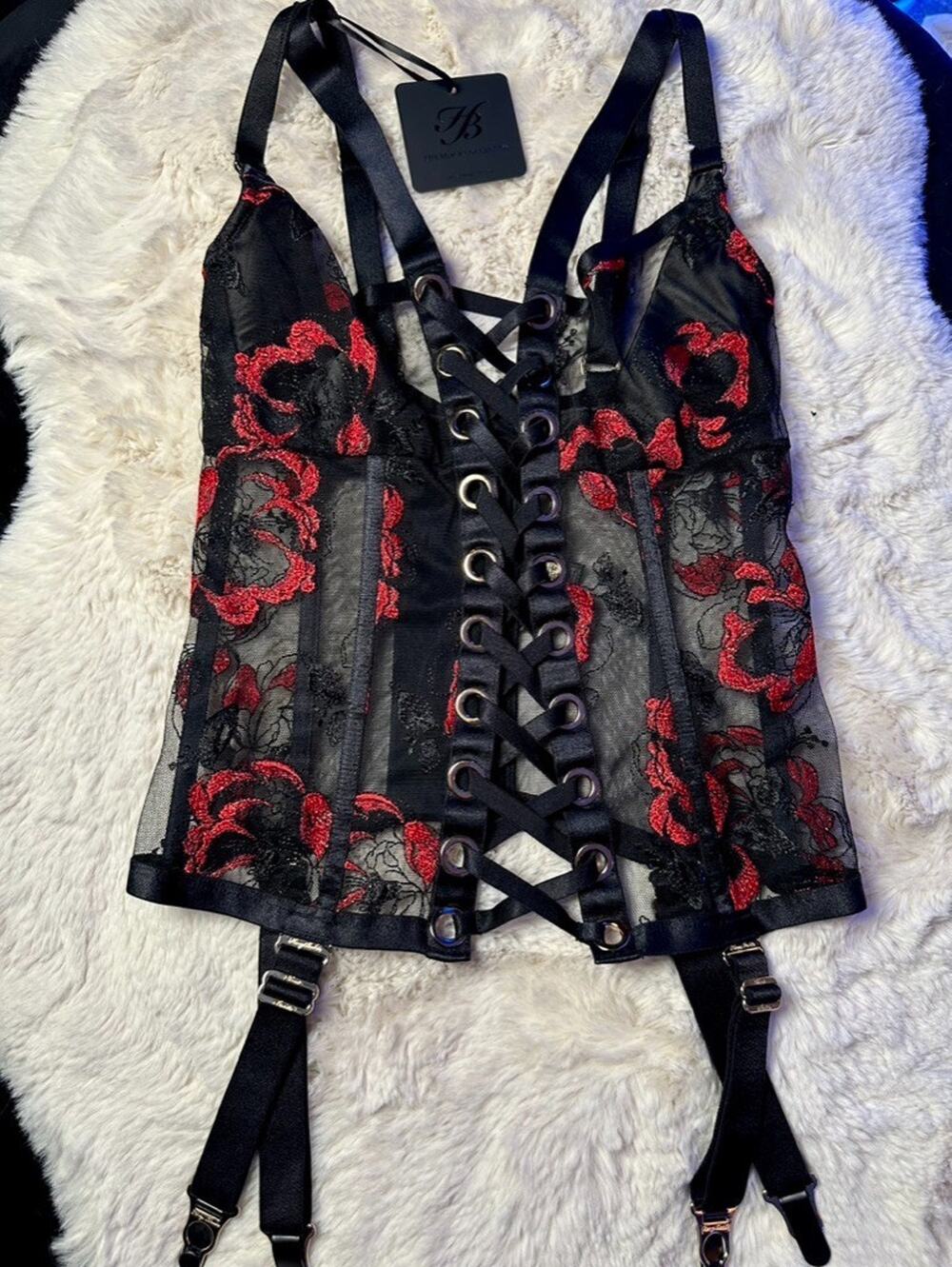 Honey Birdette FREYAH🖤 Black and Red Floral Bustier 32DD